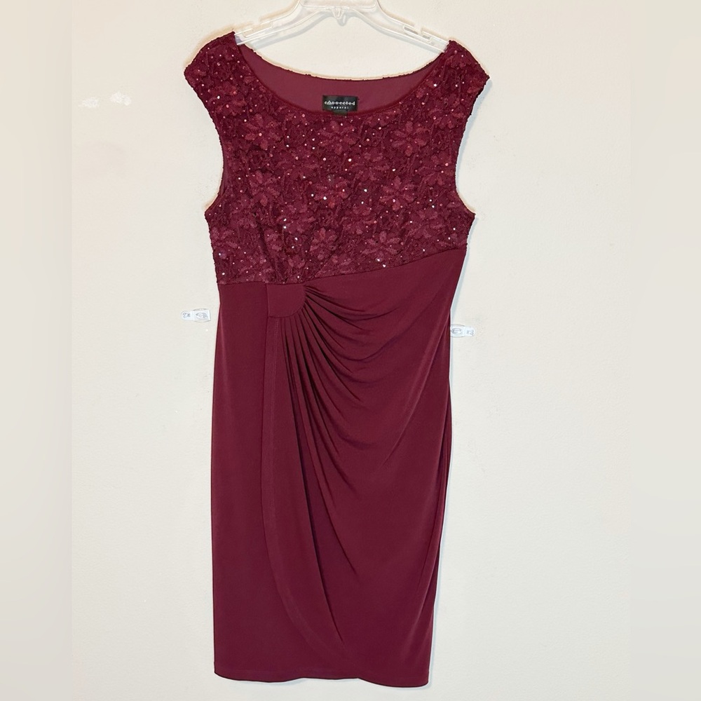 Connected Apparel Wine Sequin Lace Cap Sleeves Faux Wrap Dress - size 14